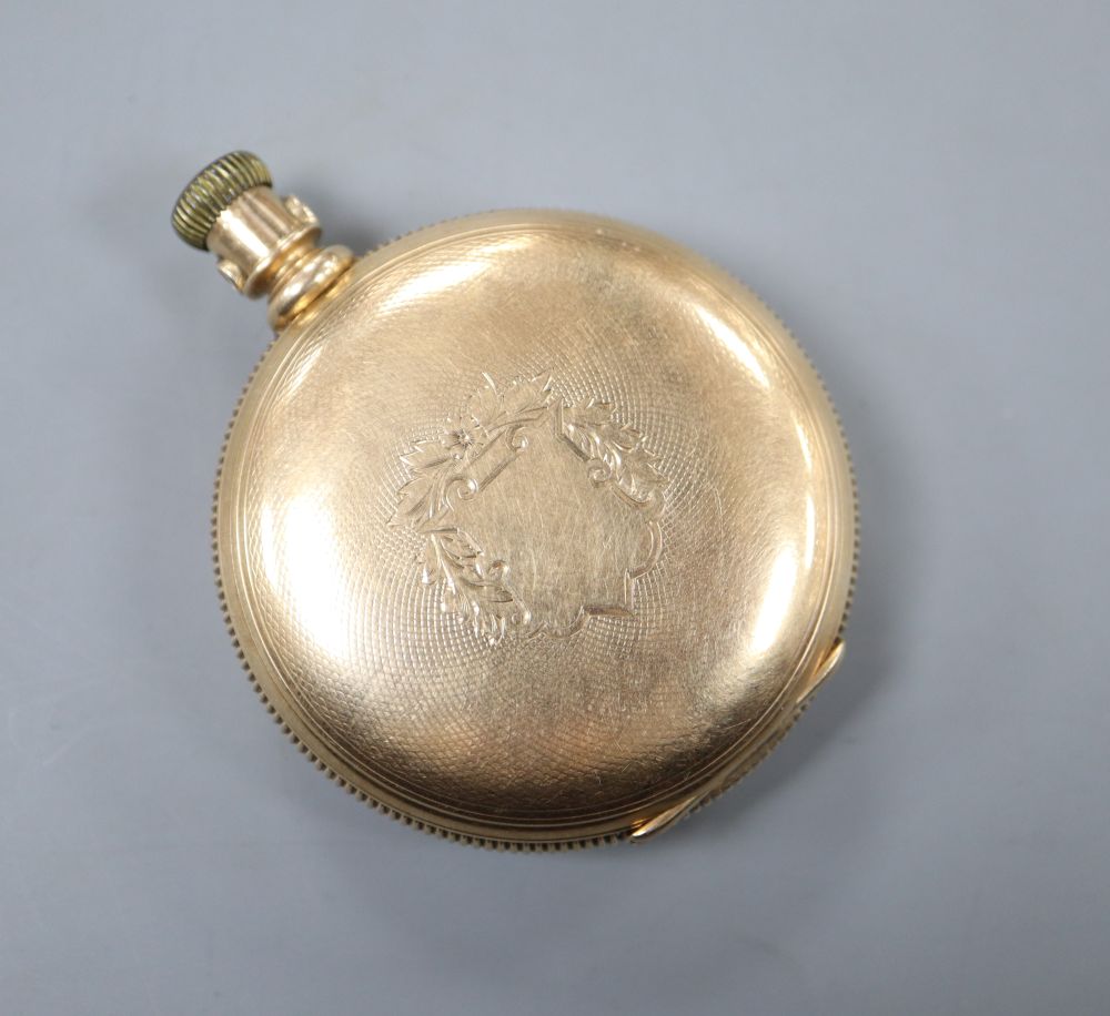 An American 14k yellow metal Waltham hunter keyless pocket watch with Roman dial and subsidiary seconds,